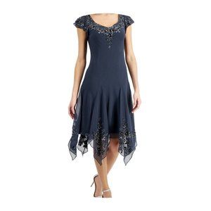 SOLD - JKara Cocktail Dress With Silver Beading Hanky Hem & Flutter Sleeves